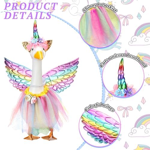 Abbylike Unicorn Porch Goose Outfit Rainbow Goose Costume for 23'' H Cement Statue with Tutu Skirt Unicorn Headband Wing for Party Outdoor Yard Lawn Garden Patio Decor - Image 3