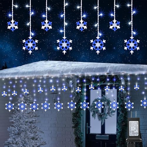 Christmas Snowflake Lights Outdoor, 17.22ft 264 LED Snowflake Icicle Lights with 22 Drops, 8 Modes connectable Christmas Light Waterproof for Eaves, Garden, Indoor & Outdoor Xmas Decor (White & Blue) by Jnaurb