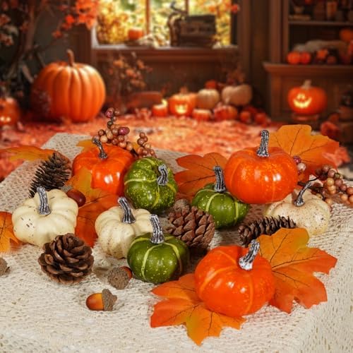 Artmag Pumpkin Decor Set, 25 PCS Fall Artificial Maple Leaves, Harvest Pumpkins, Acorns, Pine Cones and Orange Berry Stems Decorations for Fall Thanksgiving Table Decor - Image 3