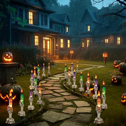 WATERGLIDE Halloween Candle Light Stakes, 5 Pack Skeleton Hands Hold Lighted Candle Pathway Makers, Waterproof Battery Operated with Timer, Light Up Figurine for Indoor Outdoor Holiday Party - Image 6