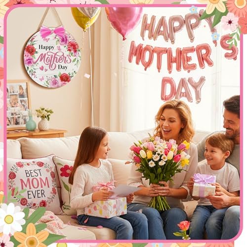 Boao Happy Mother's Day Wooden Door Hanging Sign Pink Welcome Farmhouse Door Decor Vintage Mother's Day Wood Rose Bow Gift Sign Rustic Wall Plaque Ornaments for Window Wall Porch - Image 3