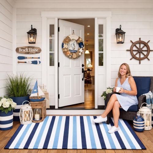 Duraaamo Blue White Stripe Outdoor Rug 2.3' X 3.6' for Summer Coastal Decor - Image 2