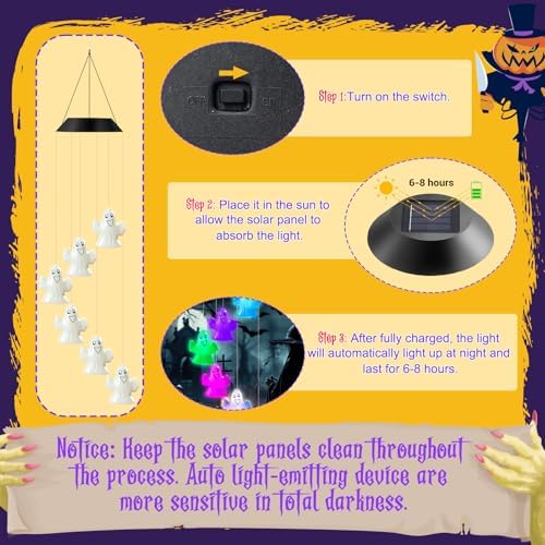 GlikCeil Halloween Solar Wind Chimes 27.5Inch Halloween Decorations Outside Waterproof Hanging LED for Yard, Porch, Patio, Party, Color Changing Lights(Ghost) - Image 3