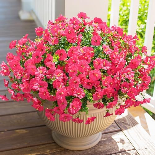 HyeFlora Artificial Flowers for Outdoors Fake Plants Outside Decoration, 12 Bundles Silk Hot Pink Morning Glory UV Resistant Look Real Faux Flowers for Planter Front Door Porch Patio Yard Gardens Home by HyeFloraartificialflowers