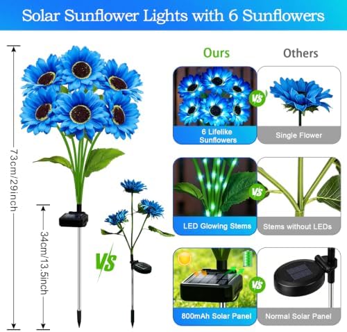 MRHEPHAESTUS Solar Garden Lights Outdoor, 4 Pack Solar Blue Sunflower Lights with 18 Head 3.5 Inch Flowers, Waterproof Flowers Light Fall Decor Auto ON/Off for Garden Yard Patio, Gifts for Mom Women - Image 2