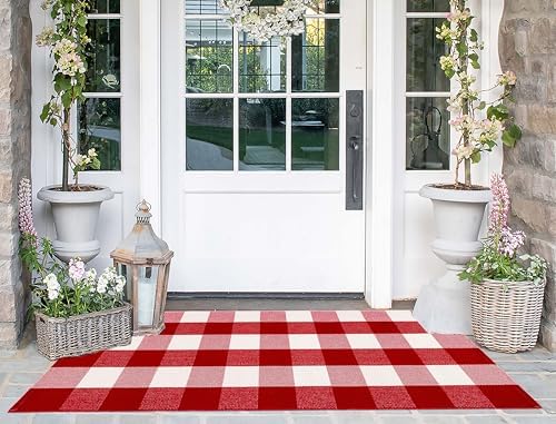Red and White Outdoor Rug 2'x4.3'Christmas Checkered Front Porch Rug - Image 5