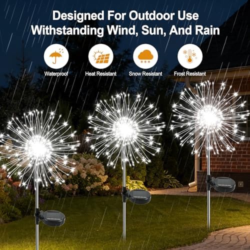 Solar Garden Lights Outdoor, 2 Pack 120 LED Twinkling Firework Lights Decorative with 2 Modes, Outdoor Waterproof Solar Starburst Light for Yard Pathway Planter Patio Decor, White - Image 3