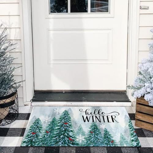 Hello Winter Door Mat Outdoor for Front Door,Pine Trees Snowy Forest Red Cardinal Birds Welcome Doormat,Christmas Holiday Welcome Floor Rug Entryway for Porch Farmhouse Decor 30" x 17" - Image 4