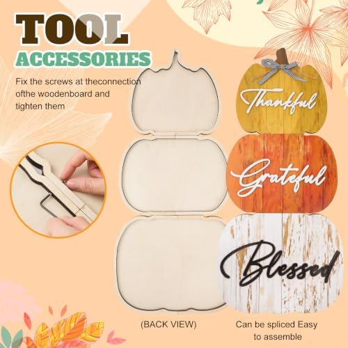 Bucherry 5 Set Thanksgiving Porch Decoration Pumpkin Wood Porch Standings Thankful Grateful Blessed Hello Fall Welcome Sign Decor with Base for Home Front Door Garden(Orange Style) - Image 4
