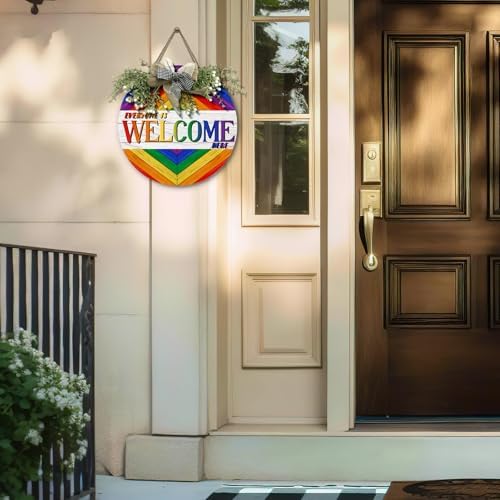 Everyone is Welcome Here Door Wreath Gay Pride Rainbow Wood Door Sign LGBT Welcome Door Hangers with Bow Diversity Decorations Yard Sign Decor for Outdoor Garden - Image 3