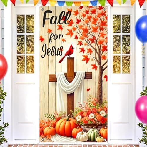 BlissYard Fall for Jesus Door Banner Cross Harvest Decor 35 x 71 Inch - Image 2