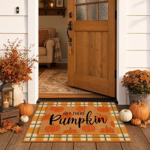 Fall Outdoor Doormat Set Autumn Harvest Doormat 2 Pack, 17×30 Coir Hello Pumpkin Mat & 28×43 Orange Plaid Rug, Indoor Outdoor Fall Thanksgiving Halloween Front Porch Decor by Unknown