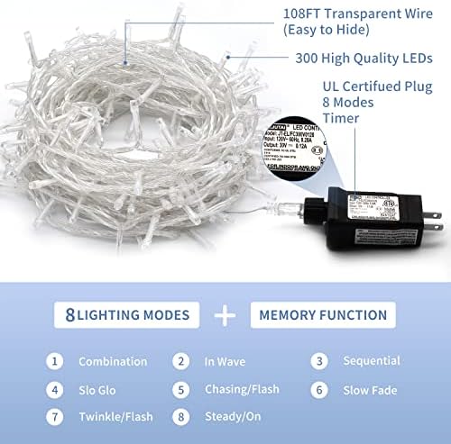 JMEXSUSS 300 LED White Christmas Lights Plug in Clear Wire - Image 4