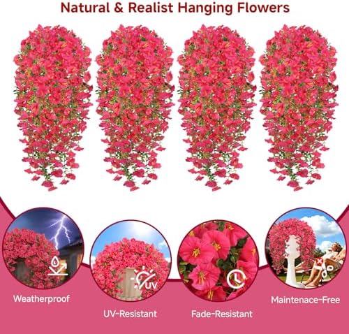 Artificial Hanging Flowers for Outdoors, 4 PCS 600 Blooms UV Resistant Morning Glory Faux Silk Vines, No-Odor Realistic Fake Plants for Garden Planter Porch Patio Decoration, Lotus - Image 2