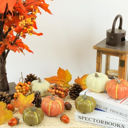 20 Pcs Realistic Fall Mini Pumpkin Decorations, Pumpkin Decor with Maple Leaves, Pine Cones, Acorns,Thanksgiving Decorations Indoor for Home Farmhouse Harvest Thanksgiving Table Decor - Image 6
