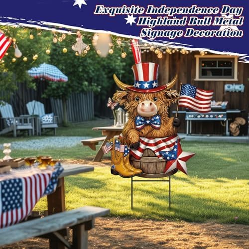 Amyhill 4th of July Highland Cow Outdoor Decor Patriotic Star Metal Garden Stakes Decorative Red White Blue Calf Lovers Yard Signs with Stakes for Independence Day Memorial Day Garden Lawn Decorations - Image 5