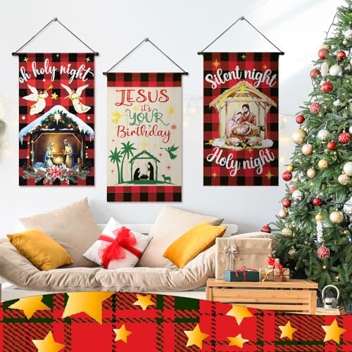 Tegeme 3 Pcs Nativity Christmas Door Sign Flag Christmas Holy Night Door Banner Jesus Nativity Flag 12 x 19 Inch Holiday Hanging Decoration for Home Outdoor - Image 5