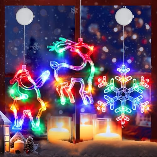 3Pcs Christmas Window Lights, Battery Powered Christmas Window Hanging Decorations Reindeer & Xmas Tree & Snowflake Shaped Indoor Lights with Suction Cup, Timer for Xmas New Year Home Decor by cerflyer