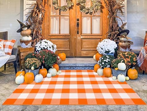Orange and White Outdoor Rug 3'x5',Farmhouse Halloween Front Porch Rug - Image 4