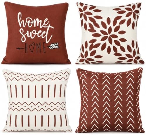 YCOLL Rust Linen Pillow Covers 18x18 Set of 4, Home Sweet Home Farmhouse Throw Pillow Covers, Holiday Decorative Cushion Covers for Sofa Couch Bed, Autumn Rustic Fall Decor by PillowCoversExpert