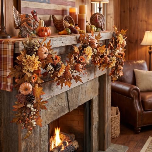 6 FT Fall Dahlia Garland Vine Autumn Sunflower Garland with Maple Pumpkin - Image 4