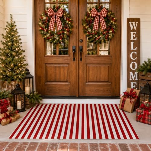 Moucuny 2'4'' X 3'7'' Red and White Christmas Vertical Stripe Outdoor Rug by Moucuny