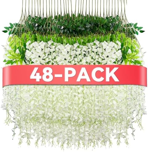 Alotiki White Wisteria Hanging Flowers, 48 Pack Fake Hanging Flowers by CreateABetterLife