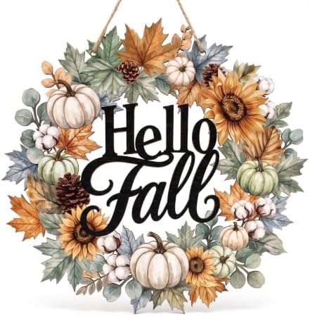 Yalikop Hello Fall Door Sign Wreath Wooden Fall Autumn Decor Sign 3D Hollow Maple Leaf Pumpkin Front Door Hanger Wall Decor for Thanksgiving Harvest Porch Indoor Outdoor Home Decorations by Yalikop