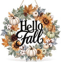 Yalikop Hello Fall Door Sign Wreath Wooden Fall Autumn Decor Sign 3D Hollow Maple Leaf Pumpkin Front Door Hanger Wall Decor for Thanksgiving Harvest Porch Indoor Outdoor Home Decorations by Yalikop