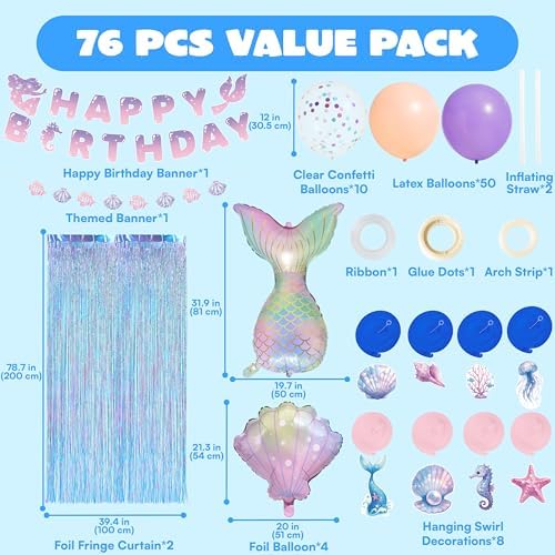 JOYIN Mermaid Princess Birthday Party Decoration Set, 76PCS Under the Sea Party Supplies with Banner, Foil Latex Balloons, Spiral Swirls and Tinsel Curtains for Girls, Kids Birthday Party Supplies - Image 2