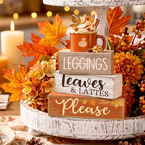 Lineshading 4 Pcs Fall Table Decor, Leaves Lattes Coffee Wooden Blocks Sign - Image 2