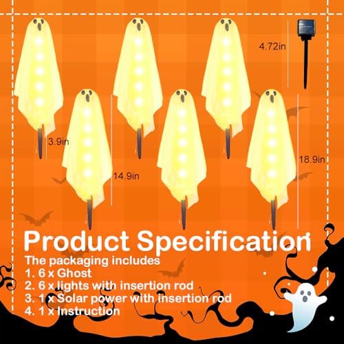 Solar Halloween Ghost Pathway Lights - 6Pack Waterproof Ghost Lights with 8 Modes for Outdoor Yard Porch Garden Lawn Halloween Pathway Decoration, Warm White - Image 4