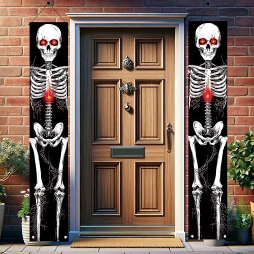 2PCS Red-Eyed Skeleton Halloween Porch Banners 71 x 12 Inch Scary Skeleton Door Decorations for Haunted House Entryway Spooky Halloween Wall Hanging Outdoor Yard Party Front Door Decor - Image 4