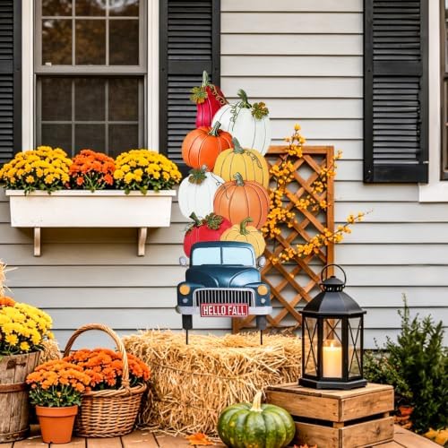 VCUTEKA Fall Outdoor Yard Sign, Stacked Pumpkin Truck Garden Stake Decor - Image 5