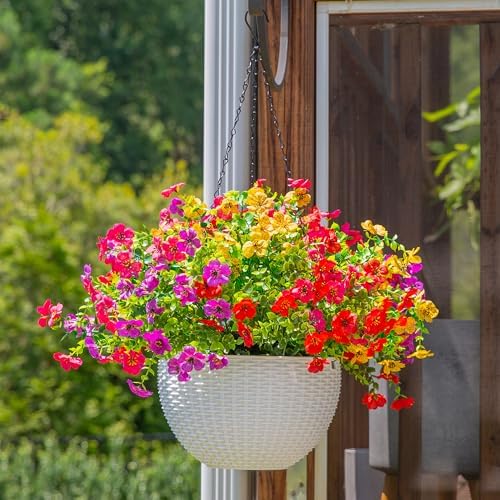 HyeFlora Artificial Faux Hanging Plants Flowers Basket for Outdoor Outside Spring Summer Decoration, Fake Silk UV Sun Resistant Realistic Colorful Daisy for Porch Patio Balcony Home - Image 2