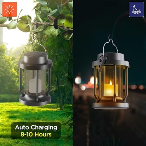 Solar Lantern Outdoor & Indoor Use – Hanging Solar Lights with Realistic Flickering Flameless Candle, Weatherproof for Gardens, Patios, Trees, and Lawns (Black + Gray, 1 Pack) - Image 2