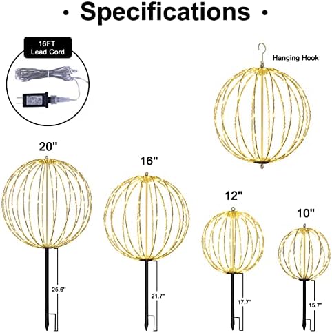 Hotelstar 96LED Foldable Light Sphere - 12IN Hanging, Pathway & Tree Light with Hook & Stake for Outdoor Garden, UL Listed, White Metal Frame, Warm White Light - Image 7
