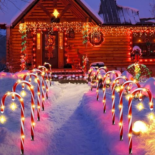12 Pack Outdoor Christmas Decorations Solar Candy Cane Lights Solar Christmas Pathway Lights Outdoor Waterproof with Star & Bright LED 8 Modes Xmas Decorations for Outside Yard Garden - Image 6