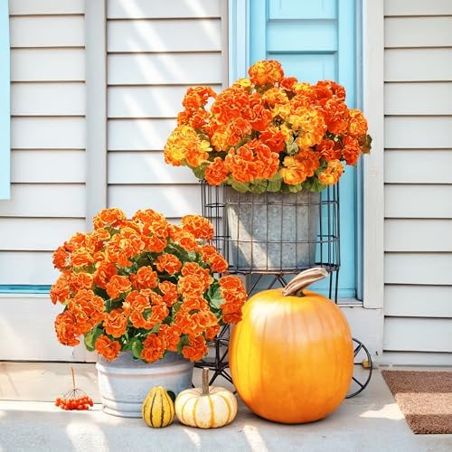 Fake Geraniums Artificial Flowers for Outdoors Fall Autumn Decoration, 6 Bundles Silk Geraniums UV Resistant Look Real Orange Faux Flowers Plants for Front Door Garden Planter Patio Balcony Yard Home - Image 2