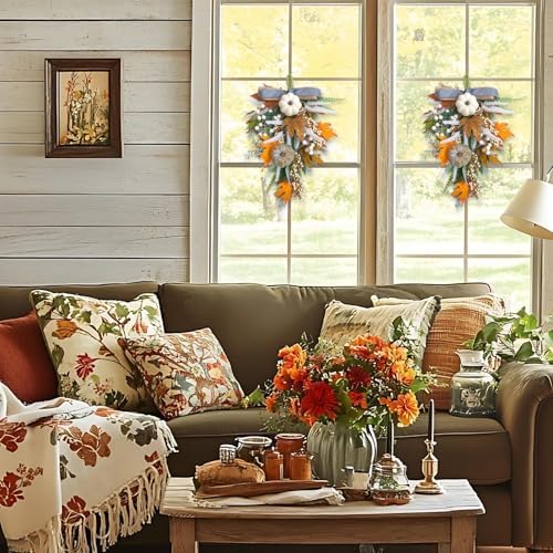 2PCS Fall Teardrop Swags 20inch Thanksgiving Wreath, Eucalyptus Berries Pumpkins Lamb Ears Leaves Autumn Wreaths for Front Door, Fall Decor, Porch Wall, Home Outdoor Holiday Decorations (C) - Image 4