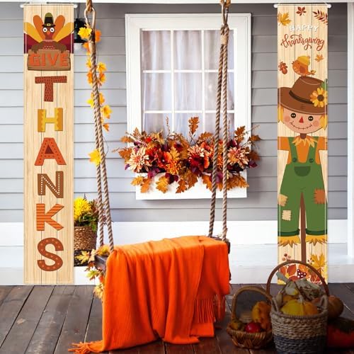 VitalCozy 2 Pcs Fall Thanksgiving Porch Banners Give Thanks Door Decor - Image 3
