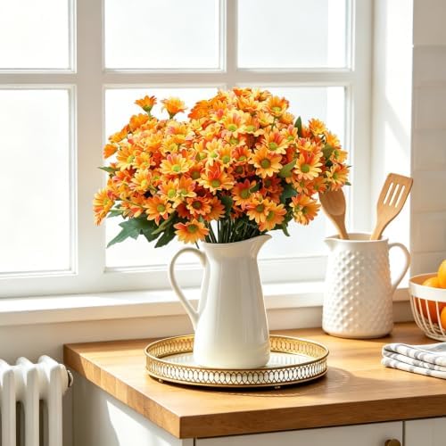 8 Bundles Artificial Daisy Flowers for Outdoors, UV Resistant Faux Daisy Mums for Outdoor Planters, Front Porch, Patio, Yard, Garden, Window Box Spring Summer Fall Decor, Orange - Image 7