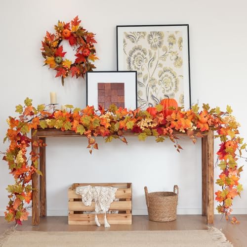 MIZII Fall Decor Artificial Maple Leaf Pumpkin Garland 6FT Fake Autumn Vines Garland Thanksgiving Halloween Harvest Decorations for Porch Mantle Table Centerpieces Fireplace Farmhouse (Yellow PK) - Image 4