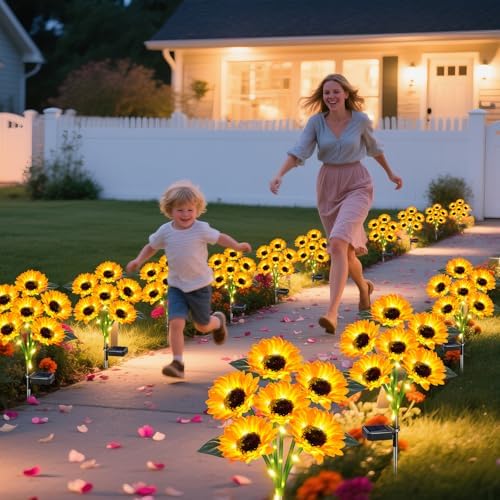 4 Pack Solar Sunflower Lights with 24 Solar Flowers Garden Decor - Image 3