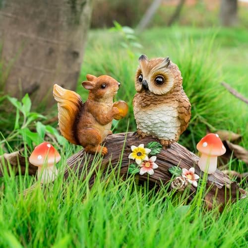 Solar Owl Garden Statues Outdoor Decor Resin Owl Squirrel Figurine with Mushroom Lights for Patio Lawn Yard Decorations Christmas Birthday Housewarming Gardening Gifts for Women Mom - Image 3