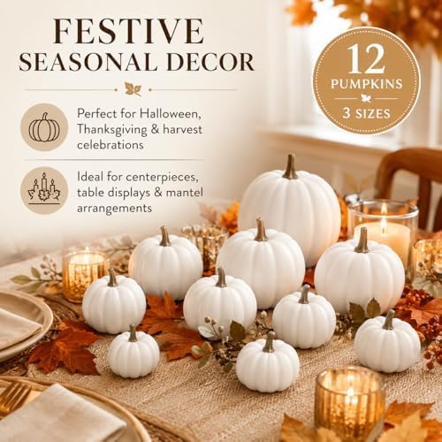 12-Pack Artificial White Mini Pumpkins in 3 Sizes for Fall Decorations - Image 3
