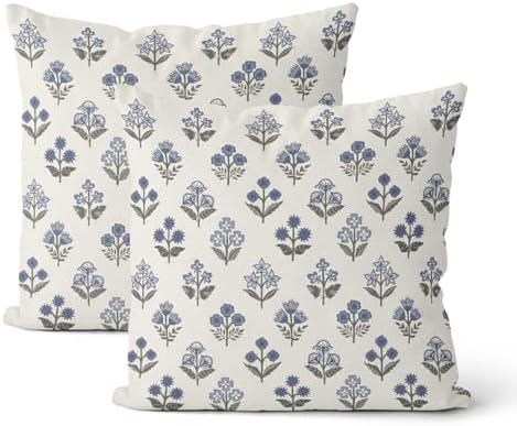 Blue Grey Pillow Covers 16x16 Inch 2 Pcs Gray Block Print Vintage Floral Decor Throw Pillows Boho Flower Spring Summer Outdoor Seasonal Decoration Pillowcase Linen Cushion Cover for Couch Sofa by DAFENA