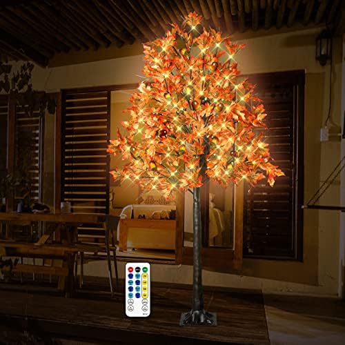 6FT 130 LED Lighted Maple Tree - Thanksgiving Decor Artificial Fall Tree with 13 Branches, 13 Acorns 260 Leaves, Remote 8 Flashing Modes, Timing, DC 5V Safe for Outdoor Wedding Party Autumn Decor - Image 5