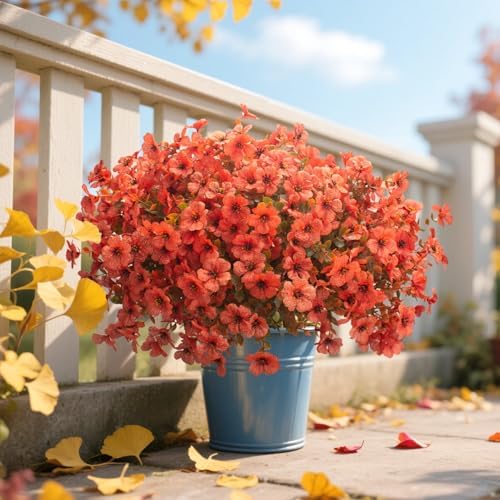 Grunyia Fall Outdoor Artificial Flowers 16 Bundles - UV Resistant Faux Daisy with Eucalyptus Leaves, Weatherproof Fake Plants for Porch, Patio, Garden Decor, Indoor Outdoor Decor (Fall Orange Red) - Image 5