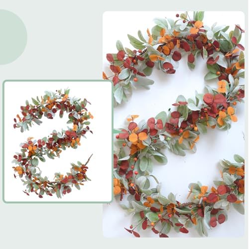 Artificial Fall Wreath for Front Door, Autumn Garland with Lambs Ears Leave Eucalyptus Leaves Berry,Fall Garland for Indoor Outdoor Farmhouse Home Wall Window Festival Decor - Image 4
